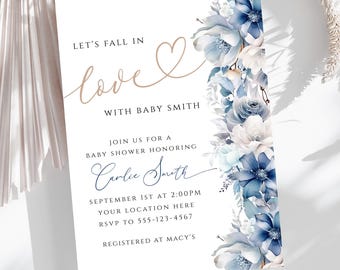 May include: A blue and white floral baby shower invitation with the text "Let's fall in love with baby Smith" and the date "September 1st at 2:00pm".