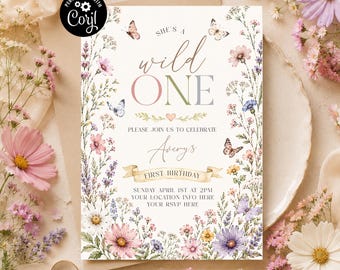 Wildflower 1st Birthday Invitation, Editable Wild One Birthday Girl Digital Invitation, Floral First Birthday Party, She's A Wild One Party