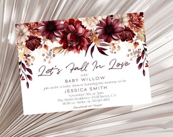 Let's Fall In Love Baby Shower Invitation, Fall Baby Shower Invitation, Baby Shower Invite, Fall In Love with Baby, Burgundy Flowers Neutral