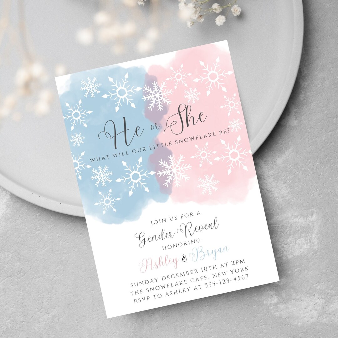 Winter Gender Reveal Invitation, Snowflake Gender Reveal Invitation