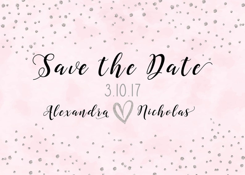 Glitter Heart Printable Save the Date Confetti Dots Glitter Stars Sparkle Silver and Gold Save the Date Custom Color Save the Date