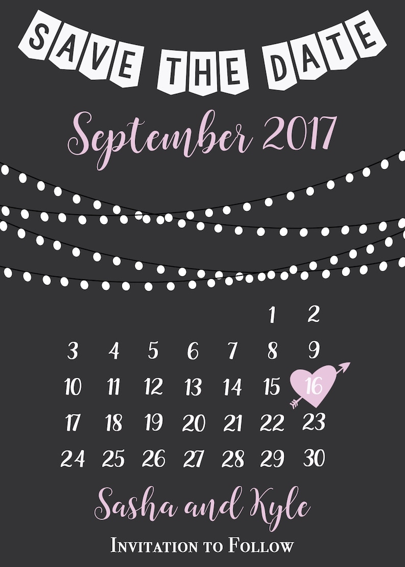 Calendar Heart String Lights Save the Date, Calendar Save Date, String