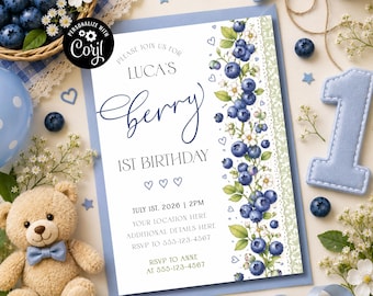 Berry First Birthday Invitation, Boy 1st Birthday Party, Blueberry Invite, Digital Instant Download, Baby Boy's First, Editable Invitation