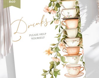 Bridal Shower Drinks Sign, Bridal Shower Drink Sign, Drink Sign, Tea Party Drinks Please Help Yourself, Tea Party Beverage Sign, Event Drink