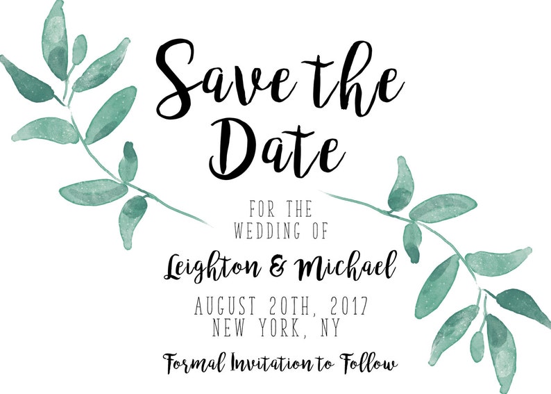 Green Leaf Branch Printable Save the Date Green Save the Date Nature Save the Date Eucalyptus Save the Date Simple Save the Date