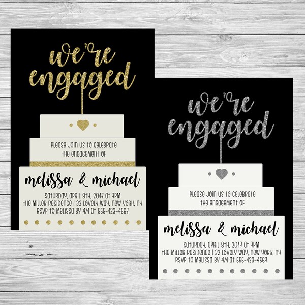 We're Engaged, Engagement Party Invitation, Printable Invitation, Gold, Silver, Cake Topper, Sparkle, Glitter, Script, Wedding Cake Topper