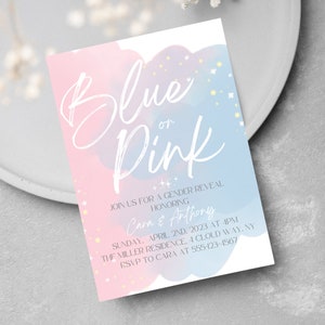 Gender Reveal Digital Invitation, Stardust, Blue or Pink Gender Reveal Invitation Template Digital Download, Canva Template Instant Download