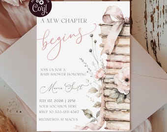 A New Chapter Begins Baby Shower Invitation, Storybook Shower, Flower Book Bow Digital Download Invite, Gender Neutral, Vintage Literary