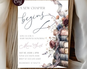 A New Chapter Begins Baby Shower Invitation, Storybook Shower, Flower Book Bow Digital Download Invite, Gender Neutral, Vintage Literary
