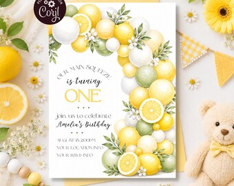 Our Main Squeeze Is Turning One, Lemon Birthday Invitation, Citrus Baby's First Birthday Invite, Editable Instant Download Kids Invitation