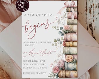 A New Chapter Begins Baby Shower Invitation, Storybook Shower, Flower Book Bow Digital Download Invite, Gender Neutral, Vintage Literary