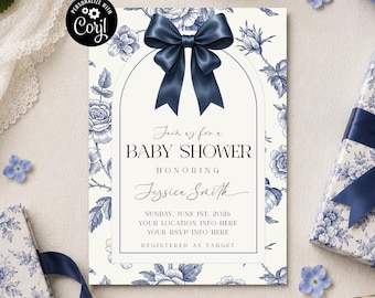 Blue Baby Shower Invitation, Floral Baby Invite, Baby Shower Invitation