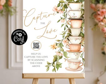 Bridal Shower Photo Sign, Time for Tea Bridal Shower Sign, Event Picture Sign, Tea Brunch QR Code Sign, Capture the Love Sign, Tea Bridal