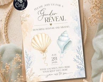 Summer Gender Reveal Invitation, Nautical Invite, Digital Instant Download, Ocean Marine Baby Reveal, Sea Shell Invitation, Join Us to Sea
