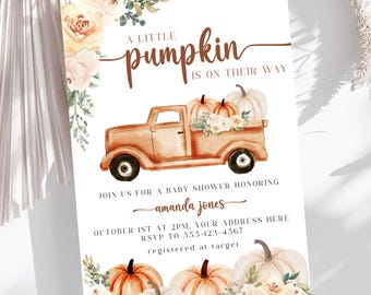 Little Pumpkin Baby Shower Invitation Pumpkin Truck Invitation Autumn Baby Shower Boho Rustic Editable Printable Invitation Digital Download