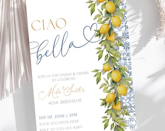 Ciao Bella Birthday Invitation, Italian Lemon Citrus, Positano, Amalfi Coastal Invite, Summer Italy, Instant Download Editable Template
