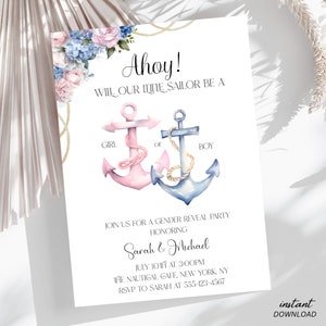 Gender Reveal Invitation Digital, Summer Gender Reveal, Invitation Instant Download Editable Template, Anchor Nautical Invitation, He or She