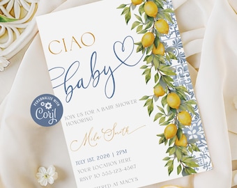 Ciao Baby Shower Invitation, Italian Lemon Citrus, Gender Neutral, Amalfi Coastal Invite, Summer Italy, Instant Download Editable Template