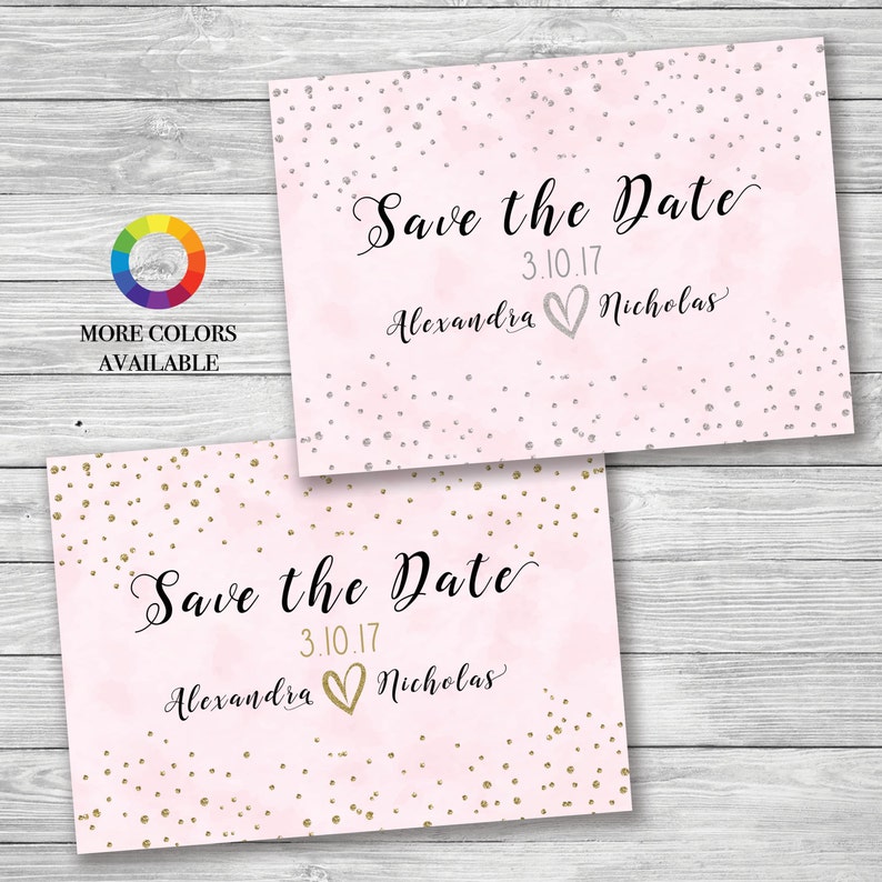 Glitter Heart Printable Save the Date Confetti Dots Glitter Stars Sparkle Silver and Gold Save the Date Custom Color Save the Date