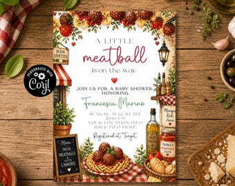 A Little Meatball Is On The Way Baby Shower Invitation, Italian Baby Shower Invite, Meatball Italian Theme Invite, Editable Instant Download