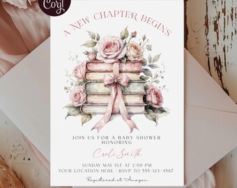A New Chapter Begins Baby Shower Invitation, Storybook Shower, Flower Book Bow Digital Download Invite, Gender Neutral, Vintage Literary