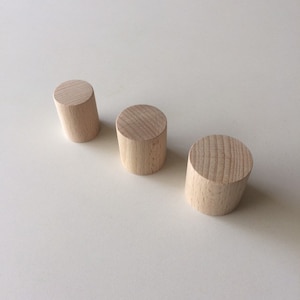 Può includere: Tre piccoli tasselli cilindrici in legno con finitura naturale venata. I tasselli sono disposti diagonalmente su una superficie bianca. Questi pezzi di legno non rifiniti sono adatti a vari progetti artigianali.