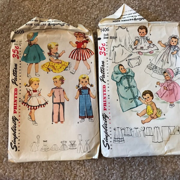 RARE Vintage 50s Sewing Patterns - Simplicity - Doll Size 11 1/2 and 17 Inch - Cut