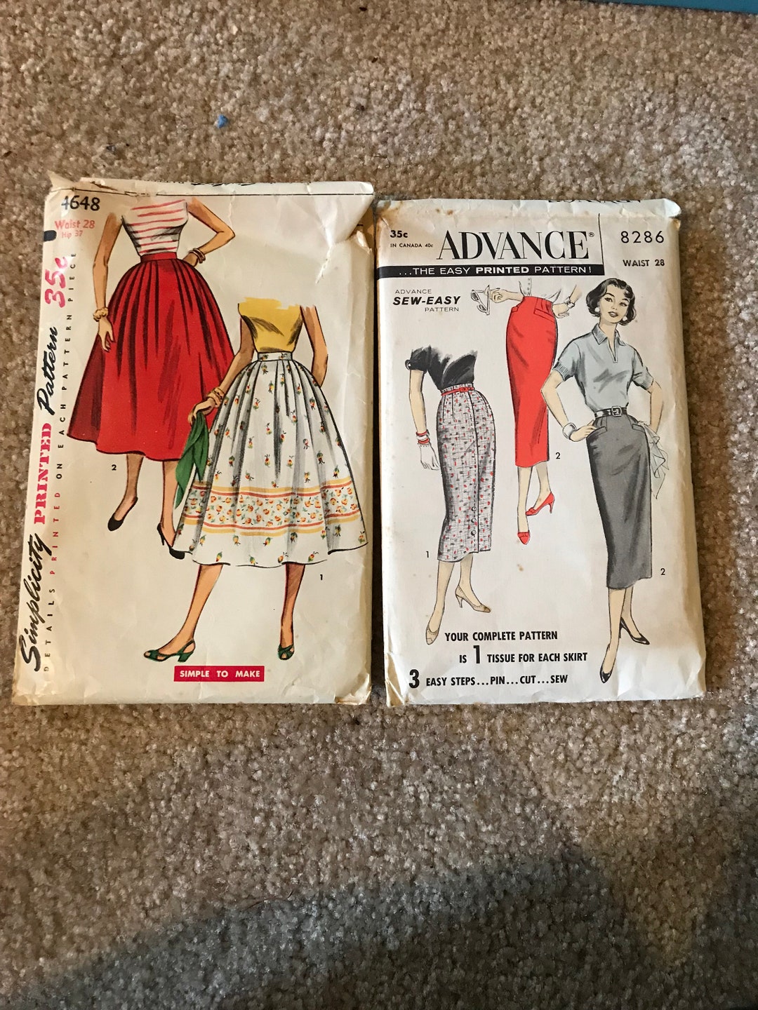 RARE Vintage 50s Sewing Patterns - Simplicity & Advance Skirts - Waist ...