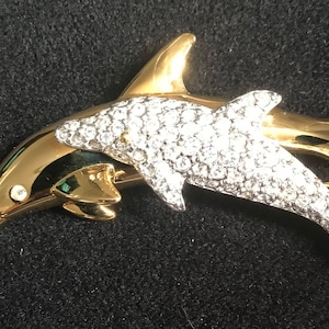 Vintage Swarovski Signed Brooch 1990s - Crystal Dolphin Mother & Baby Sea Animals - Figural Jewelry Gold, Silver Pin