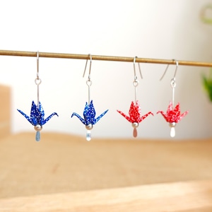 Fine silver plated/Origami earrings crane birds/Origami jewelry/Japanese paper PROTECTION+/ Red,Blue / made in France
