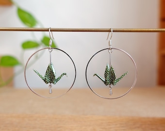 Origami earrings crane bird/Origami jewellery/Japanese paper Washi PROTECTION+ / Green, white/Hoop earrings 40mm /made in France by Japanese