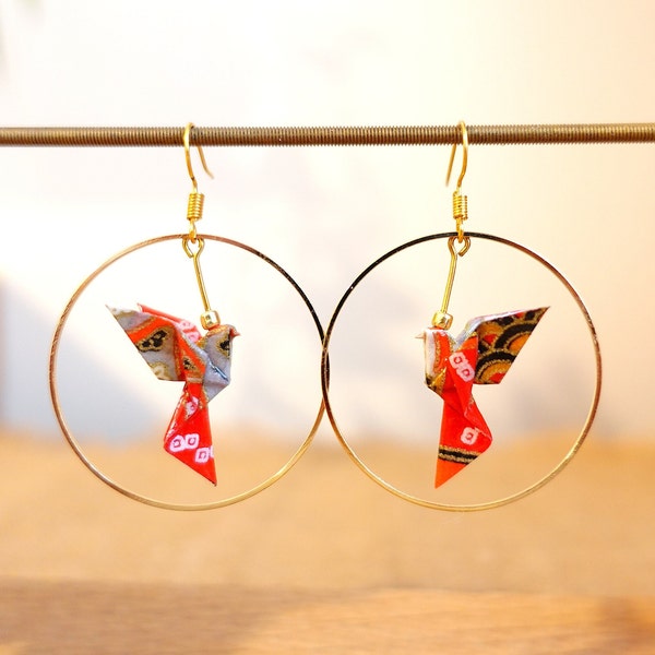 Origami Colombe, oiseau / Boucles d'oreilles Créoles 40mm / Papier japonais washi PROTECTION+ / Rouge, Or /Bijou japonais origami /