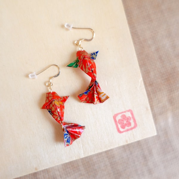 Gold filled/Carpes Koï Japonaises/Poisson/Boucles d'oreilles Origami/Papier japonais WASHI PROTECTION +/Rouge, or/Bijou japonais origami