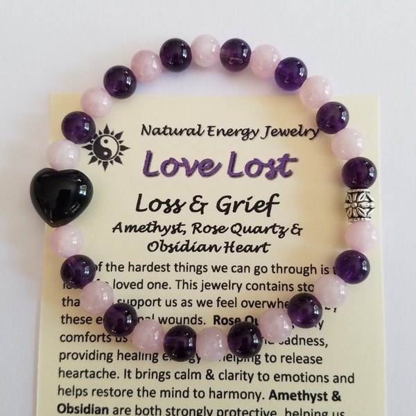 Grief and Morning "Love Lost" Bracelet, Anklet or Necklace of Amethyst, Rose Quartz & Obsidian Stone Beads for Grief and Loss 253