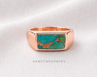 Green Copper Turquoise Signet Ring, Seafoam Blue Gemstone Ring, Sterling Silver Statement Jewelry, March Birthstone Gift, Turquoise Ring