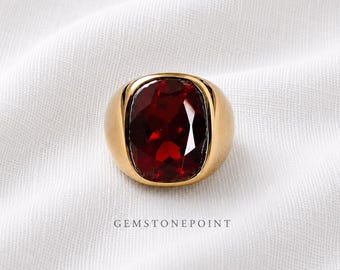 Natural Garnet Signet Ring, Sterling Silver January Birthstone Jewelry, Deep Red Gemstone Ring, Unisex Statement Signet, Gift for Him & Her