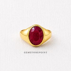 Chevalière rubis, or vermeil 22 carats sur argent sterling, bijoux rubis rouge naturel, cadeau de pierre de naissance en juillet, bague unisexe, pierre précieuse rubis