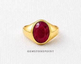 Ruby Signet Ring, 22k Gold Vermeil over Sterling Silver, Natural Red Ruby Jewelry, July Birthstone Gift, Unisex Statement Ring,Ruby Gemstone