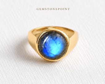 Natural Labradorite Signet Ring, 22k Gold Vermeil over Sterling Silver, Blue Flash Labradorite Jewelry, Men's & Women's Statement Ring