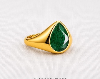 Emerald Signet Ring, 22k Gold Vermeil over Sterling Silver, Natural Emerald Jewelry, May Birthstone Gift, Green Emerald Statement Ring