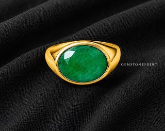 Emerald Signet Ring, 22k Gold Vermeil over Sterling Silver, Natural Emerald Jewelry, May Birthstone Gift, Green Emerald Statement Ring