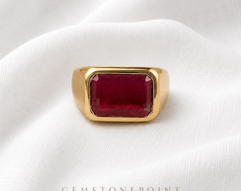Ruby Signet Ring, 22k Gold Vermeil over Sterling Silver, Natural Red Ruby Jewelry, July Birthstone Gift, Unisex Statement Ring,Ruby Gemstone
