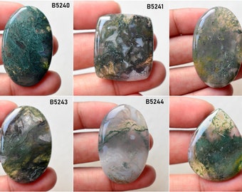 May include: Five moss agate cabochons in various shapes and sizes. The stones are a mix of green, white, and gray with a translucent appearance. The cabochons are labeled with the numbers B5240, B5241, B5242, B5243, B5244, and B5245.