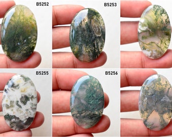 May include: Six oval-shaped green moss agate cabochons, each with a unique pattern of green, white, and gray. The cabochons are labeled B5252, B5253, B5254, B5255, B5256, and B5257.