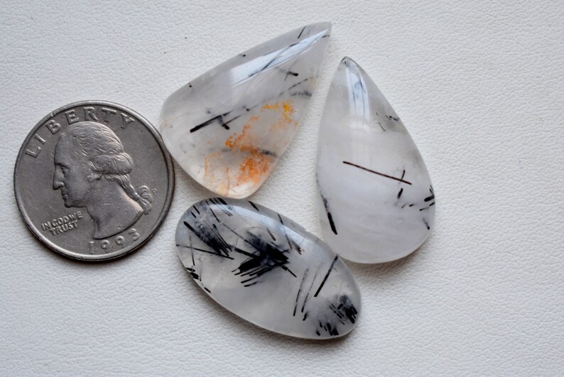#GP1641 Loose flat back semi precious gemstone cabochon hand polished Natural Black Rutile Cabochon 3 Pcs