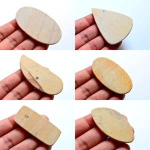 May include: Six natural stone cabochons in various shapes and sizes. The stones are a light beige color with brown and white markings. The stones are displayed on a hand.