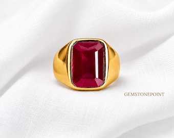 Ruby Signet Ring, 22k Gold Vermeil over Sterling Silver, Natural Red Ruby Jewelry, July Birthstone Gift, Unisex Statement Ring,Ruby Gemstone