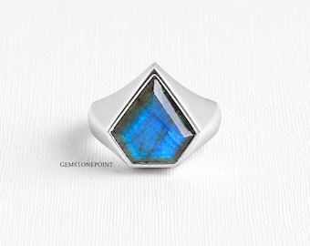 Natural Labradorite Signet Ring, 22k Gold Vermeil over Sterling Silver, Blue Flash Labradorite Jewelry, Men's & Women's Statement Ring