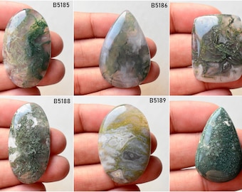 May include: Six different green, grey, and white agate cabochons, each with a unique pattern. The cabochons are oval, teardrop, and rectangular in shape. B5185, B5186, B5187, B5188, B5189, and B5190 are labeled on each cabochon.
