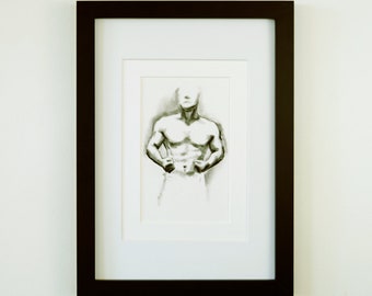 Muscle Study 5 | bodybuilder art, charcoal sketch, original artwork, male figure drawing, fine art, contemporary art gift, home decor